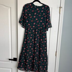 LOFT Green Midi Dress with Pink Floral Pattern